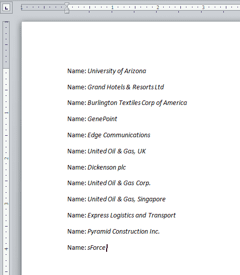 Resulting filled out Word document with list of companies.